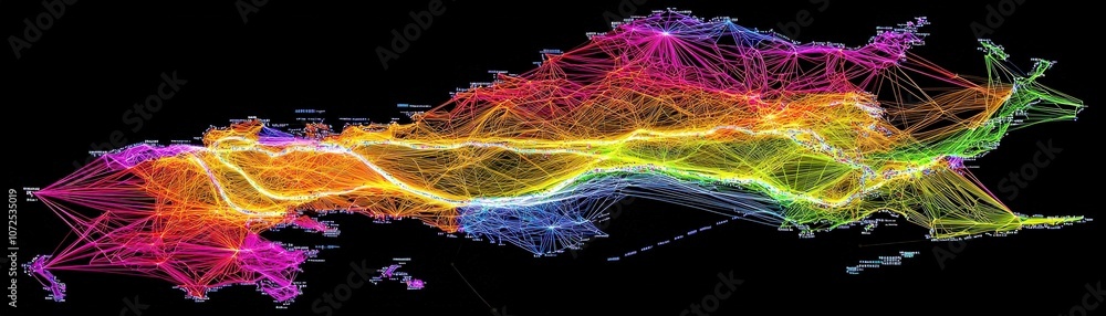 Poster Colorful Abstract Visualization of Data-Driven Connections Over Geographical Landscape Representing Dynamic Interactions and Network Patterns