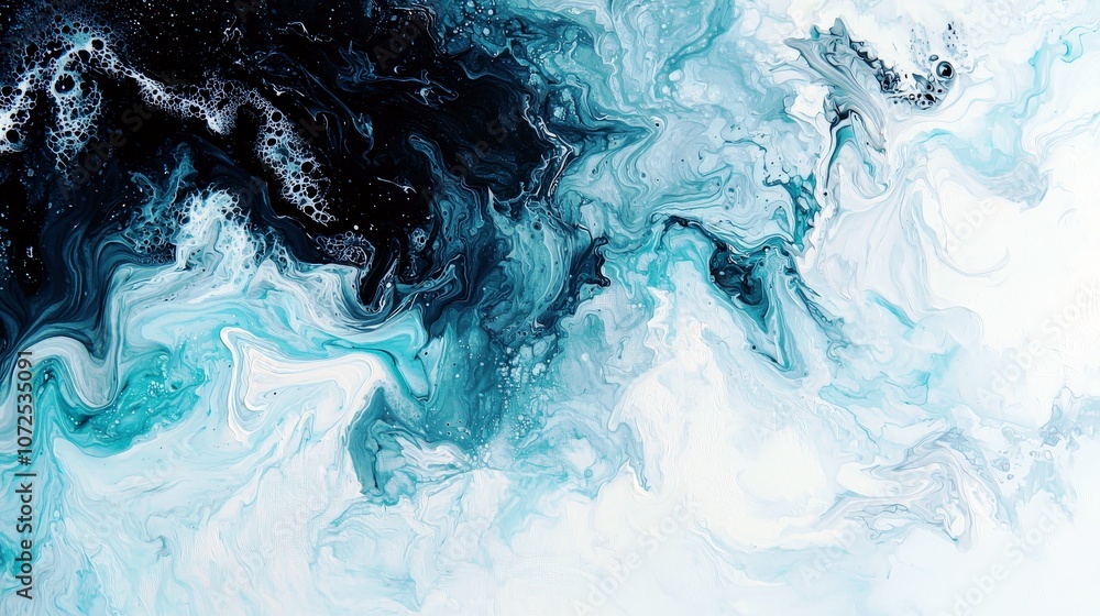 Poster abstract fluid art with swirling patterns of teal, black, and white create a dramatic and captivatin
