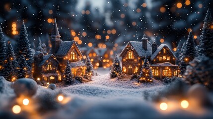 Enchanted Winter Village: A whimsical winter wonderland unfolds, with charming snow-covered cottages bathed in warm golden light, creating a cozy and magical scene.  