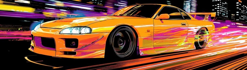 Dynamic Neon Sports Car in Motion with Colorful Light Trails Against a Night City Skyline Background, Capturing Speed and Energy of Automotive Culture