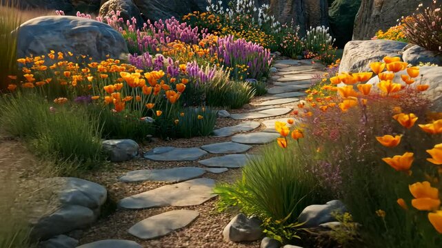 A stone path winds through a garden filled with vibrant orange poppies and purple flowers, creating a serene escape in the afternoon sun