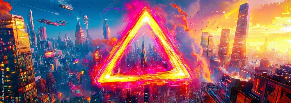 Poster futuristic cityscape with vibrant explosion and triangular shape illuminating skyline at sunset with