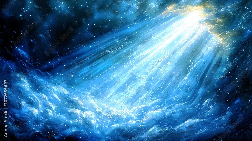 Poster ethereal blue light breaking through clouds in a cosmic scene with stars, creating a dreamy atmosphe