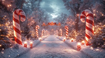 Candy Cane Lane: A magical, snow-covered path lined with giant candy canes and twinkling lights, inviting you into a winter wonderland. The perfect backdrop for holiday magic and sweet dreams. 