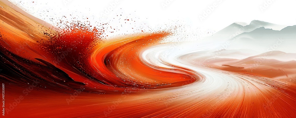 Poster abstract red wave of flowing energy with splashes of paint against a soft white background and gentl