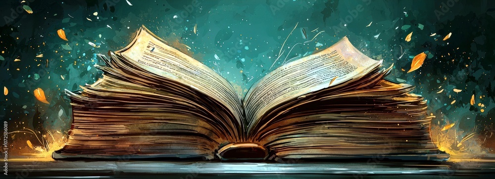 Poster open book with illuminated pages and sparkling elements, symbolizing knowledge and imagination in a 