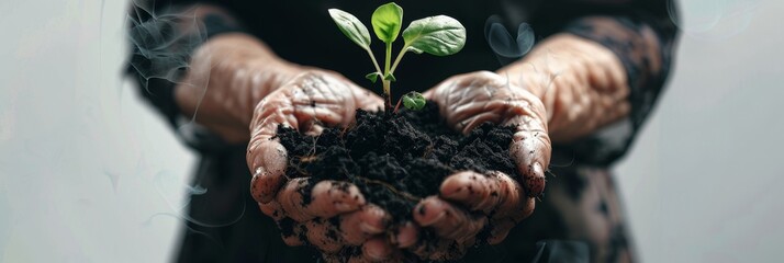 Plant in hands, young sprout, new plant growing in soil, organic farming, environment care, earth day