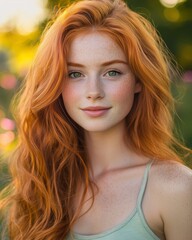 Fototapeta premium A vibrant redhead smiles in a sunlit park, her green eyes sparkling with joy and confidence.