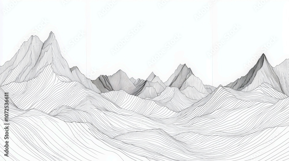 Poster abstract monochrome line art depicting a serene mountain landscape with intricate wave patterns flow