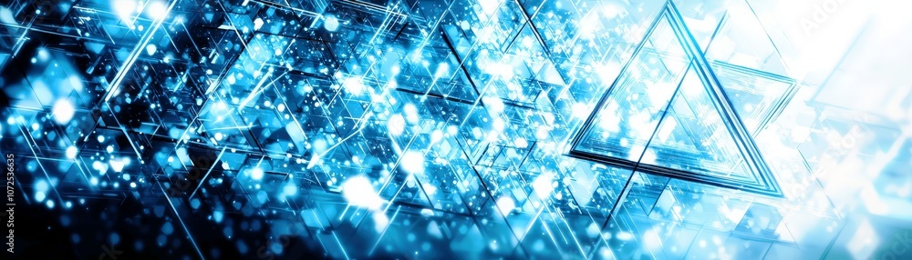 Poster futuristic background with dynamic blue light rays and geometric shapes creating a modern abstract d