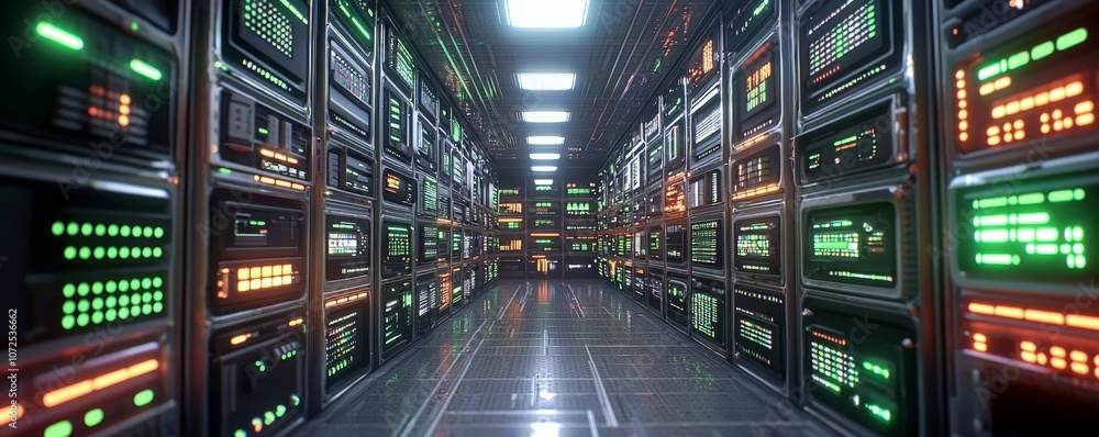 Poster futuristic data center corridor with colorful led indicators and modern server racks illuminating a 