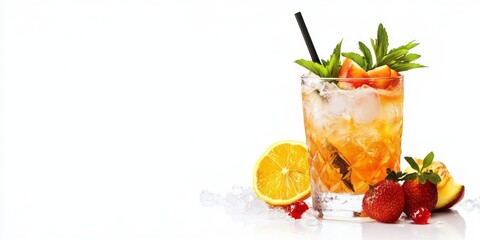 Fototapeta premium Refreshing Summer Cocktail with Orange, Peach, and Strawberry Garnish