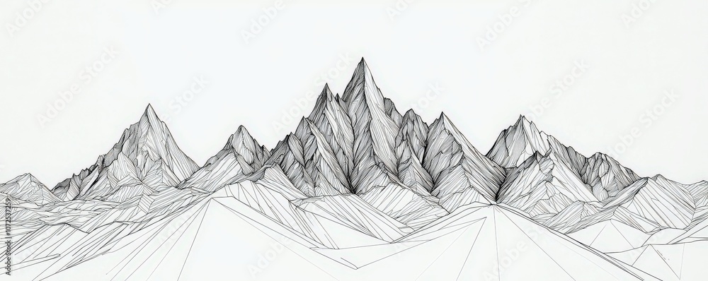 Poster intricate black and white line drawing of a mountain range with sharp peaks and abstract geometric p