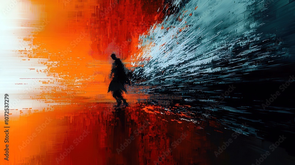 Poster abstract silhouette of a person walking through vivid colors illustrating movement and transition, c