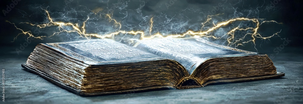 Poster open ancient book with lightning surging from pages signifying knowledge and power, set against a da