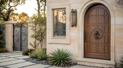 Custom wooden door with intricate design, surrounded by lush greenery and modern stone pathway, leading to a stylish gated entrance. Ideal for home exterior inspiration.