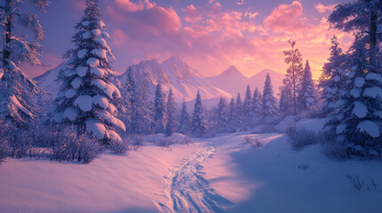 Imagine an incredible winter landscape in a mountain glade, where snow-covered conifers rise majestically, their branches heavy with fresh snow.