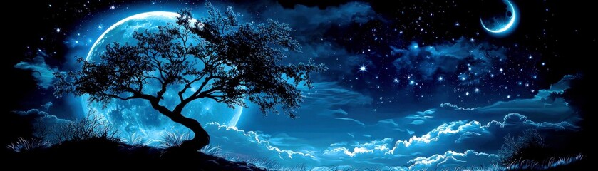 Fototapeta premium Enchanting Night Sky with Full Moon, Starry Background, and Silhouette of a Tree in a Mystical Blue Atmosphere