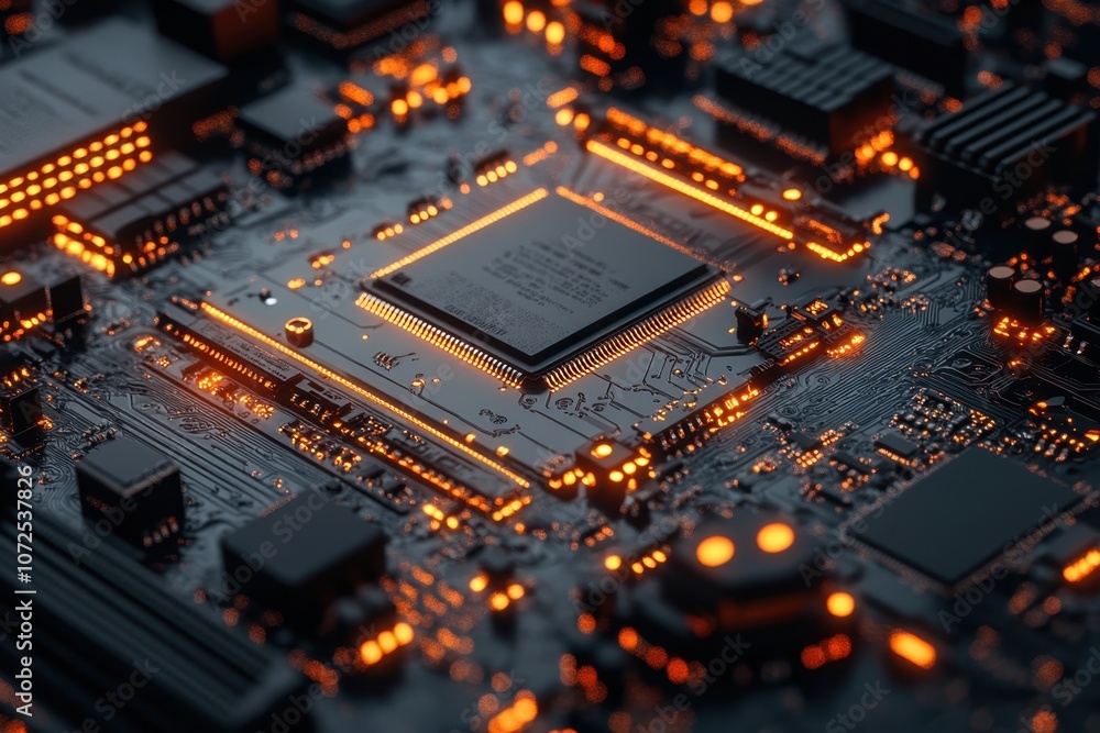 Poster close-up view of an illuminated circuit board showcasing intricate electronic components at night