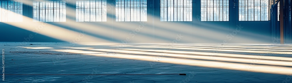 Poster sunlight streams through industrial windows creating dramatic shadows on concrete floor in abandoned