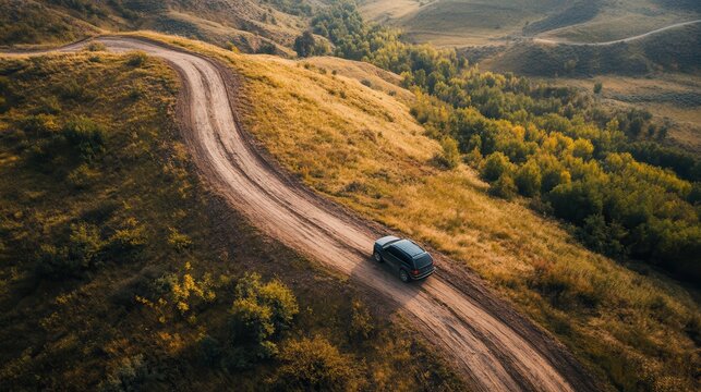 Expedition with Off-road SUV car in a hills, diagonal narrow road, bird's eye view. Panoramic view. Travel, journey, overlanding concept.