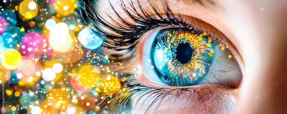 Poster close-up of a beautiful eye with vibrant colors and sparkling bokeh background, showcasing intricate