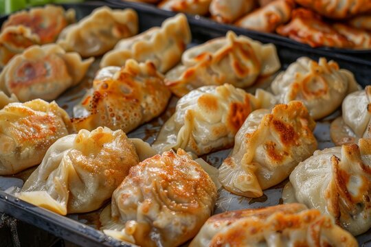 Fried Dumplings with Minced Meat also known as Gyoza, Dim Sum, Jiaozi, Momo, Tortellini, Pierogi