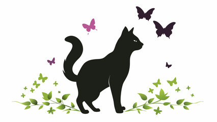 Festive Cat Silhouette with Santa Hat and Butterflies in Nature Scene. Silhouettes of cats with butterflies