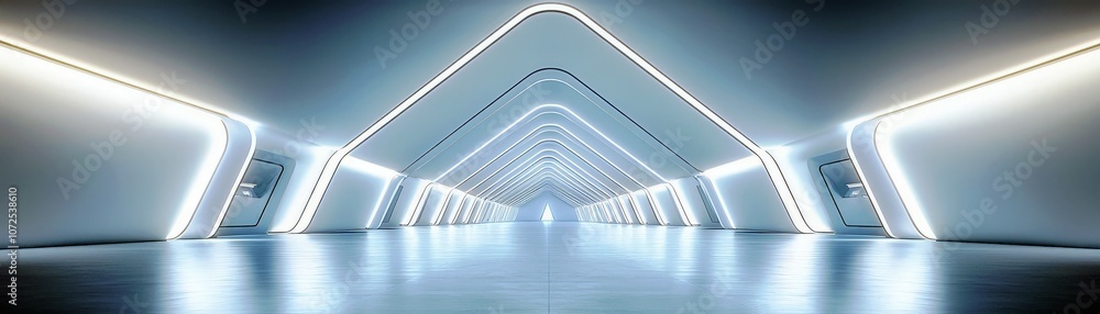 Poster futuristic corridor with glowing lines and sleek surfaces, showcasing a minimalistic design in a con