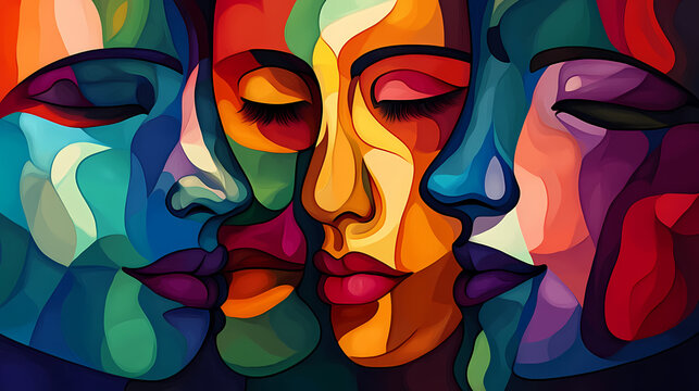 Abstract faces illustration in vibrant colors, cubism style collage for wallpaper, background design, art print. generative ai. abstract cubism. illustration. Vibrant. Illustration