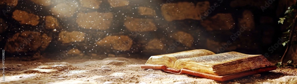 Poster open ancient book resting on sandy ground with sunlight streaming through a dusty atmosphere, creati