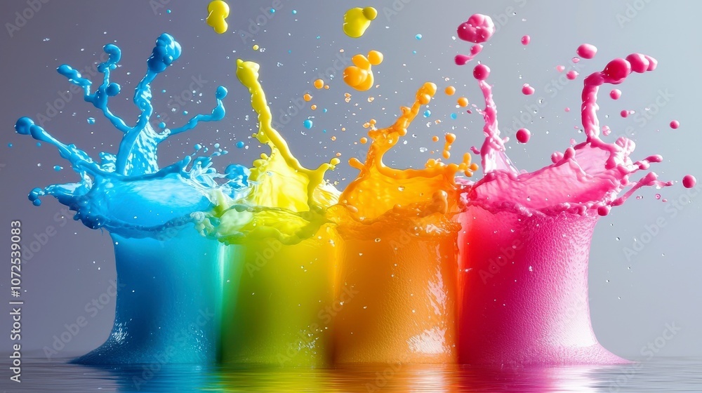 Poster colorful splashes of liquid paint in bright shades creating dynamic patterns against a simple backgr