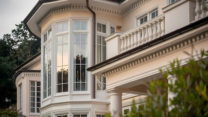 Elegant exterior of a modern home showcasing large bay windows, intricate architecture, and a stylish balcony, surrounded by lush greenery in a tranquil setting.