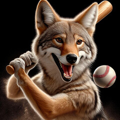 Coyote batter with baseball bat and ball.