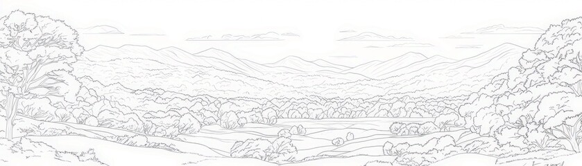 Fototapeta premium Tranquil Landscape Outline Featuring Rolling Hills, Expansive Sky, Majestic Mountains, and Lush Foliage in a Serene Nature Setting for Artistic Representation and Illustration