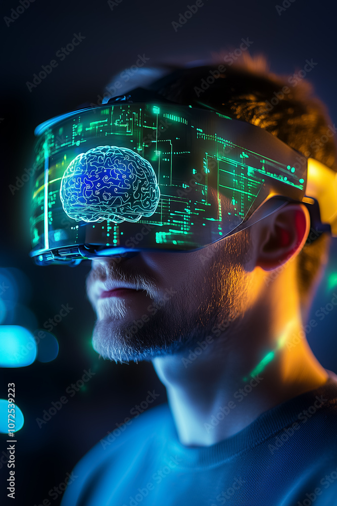 Poster a man uses advanced vr goggles that display glowing brain graphics in a low-light environment