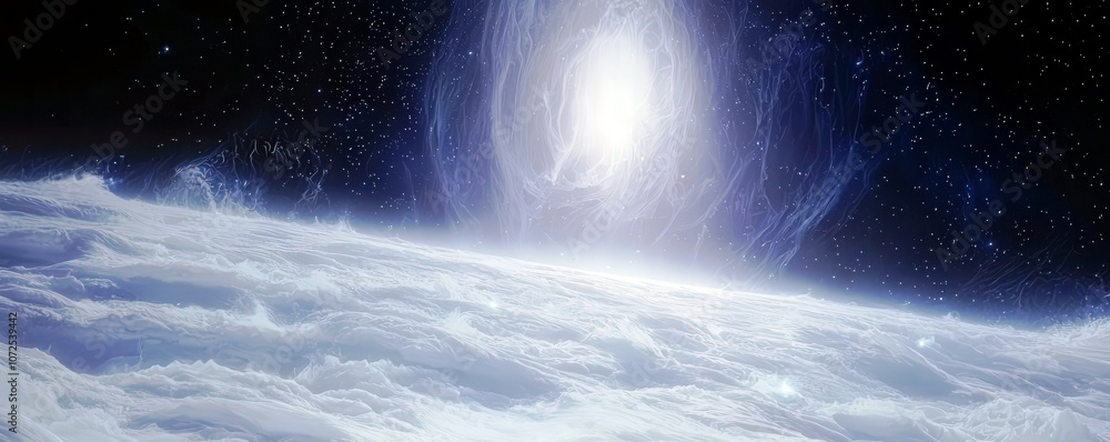 Poster ethereal space scene with majestic clouds and celestial light emanating from a mysterious portal in 
