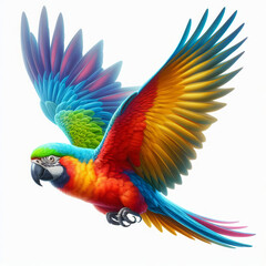 Fototapeta premium Loro de colores vivos volando en libertad, con fondo blanco