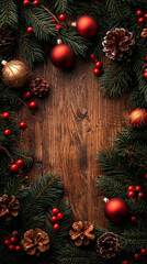 Christmas decoration with fir tree branch and toys and cones on empty wooden background. AI generative