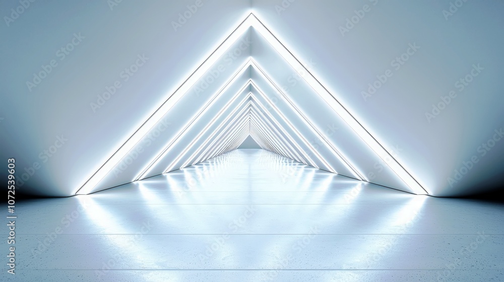 Poster futuristic abstract interior with white neon lights illuminating a triangular tunnel displaying mode