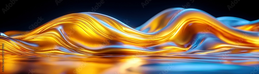 Poster flowing waves of shimmering golden fabric reflecting light in an artistic abstract composition with 
