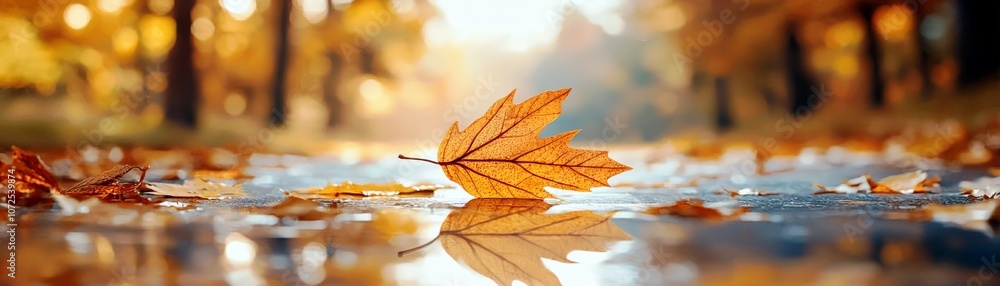 Poster Serene Scene of a Bright Orange Maple Leaf Gently Resting on a Shimmering Puddle Surrounded by Autumn Colors and Soft Sunlight in a Tranquil Forest Pathway