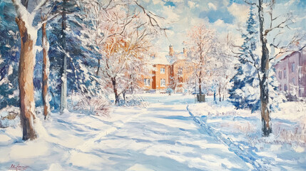 Naklejka premium Picture a winter park blanketed in snow, where a serene stillness envelops the scene