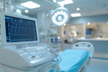 A modern hospital monitoring system beside an empty patient bed in a well-lit treatment room