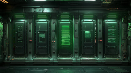 Futuristic sci-fi data center with green-lit server panels, cyberpunk style, technological atmosphere