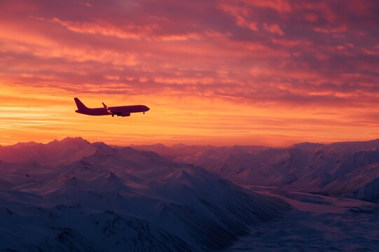 Passenger airplane flying over snowy mountains at sunset