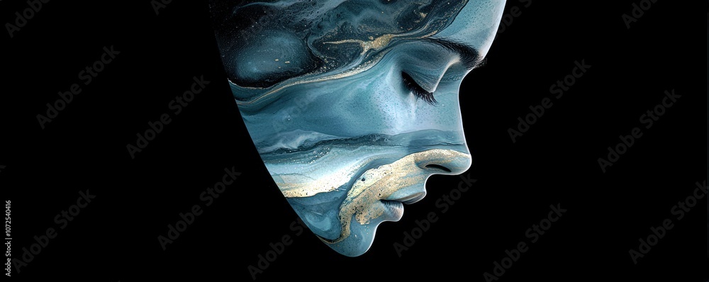 Poster surreal portrait of a woman with oceanic patterns merging into her face in a dreamlike setting empha