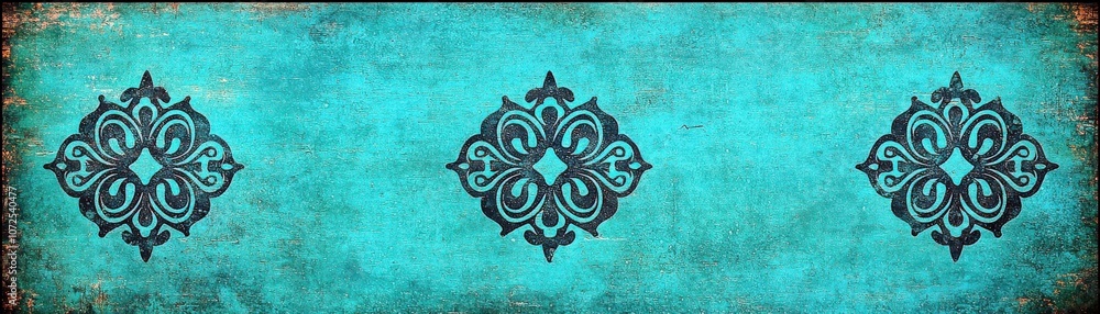 Poster elegant decorative pattern on a vibrant turquoise background with intricate black design elements ad