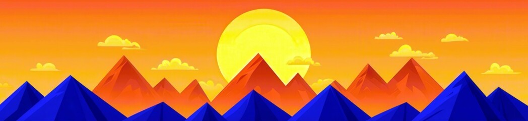 Serene Sunset Over Layered Mountains with a Vivid Gradient Sky and Fluffy Clouds for Nature, Landscape, or Outdoor Themes in Creative Projects