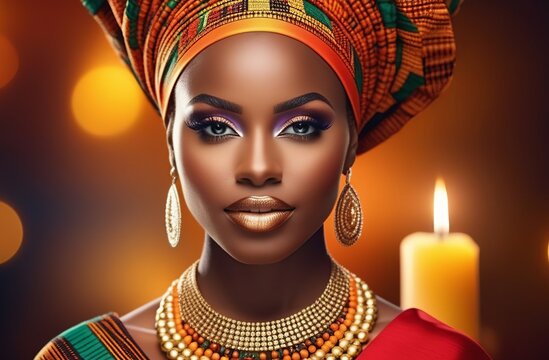 Kwanzaa Holiday celebration. Traditional African Festival. Beautiful young black woman in traditional African attire. Blurred background with candle. African Americans remember and respect their roots